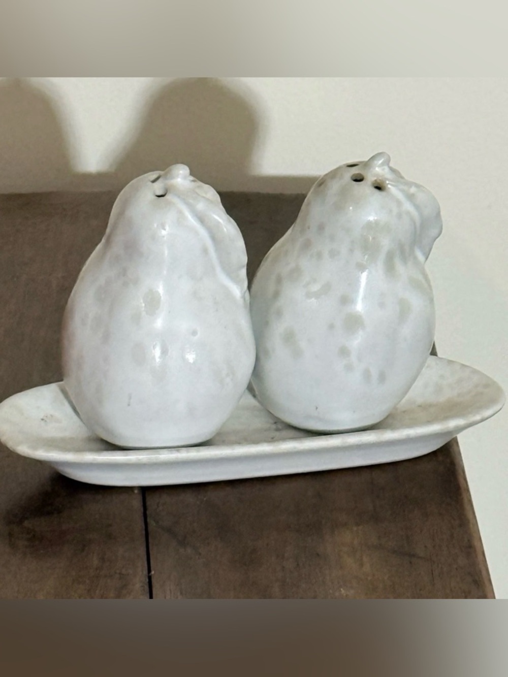 Anthropologie Salt Glaze Pear Salt and Pepper Shakers with Tray